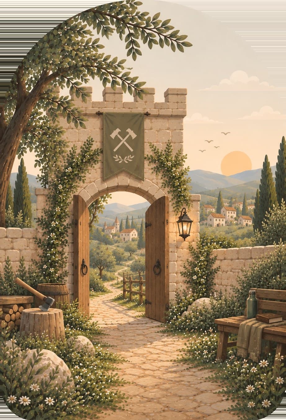 Painting of an open stone gate under a fig tree, a path leading down to a village at sunrise